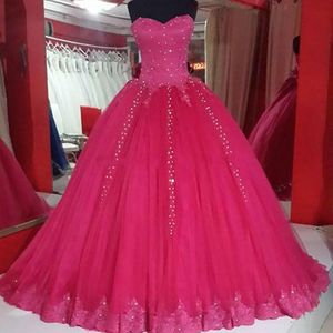 Real Images Fuchsia Ball Gown Prom Dresses 2019 Lovely Lace Appliques Sequins Plus Size Arabic Delicate Formal Evenig Party Gowns For Girls