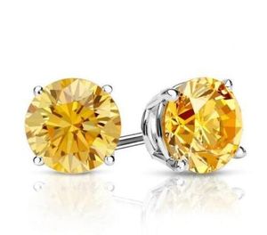 2 Ct redondo amarelo canários brincos Studs sólido 14 K ouro branco parafuso volta cesta