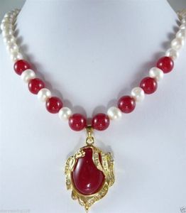 Collar De Perlas De Jade Rojo al por mayor-2017 elegante m m Akoya blanco de perlas cultivadas collar de jade rojo