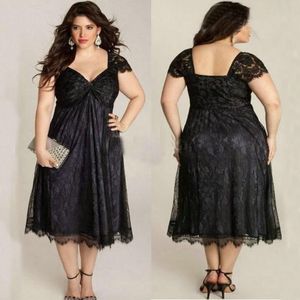 Elegant Mother Of the Bride Dresses Scalloped Short Sleeve Plus Size Black Lace Mother Of Groom Tea Length Formal Gowns Wedding Guest Dress