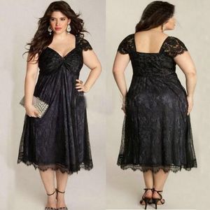 Elegante Mãe Dos Vestidos de Noiva Recortada Manga Curta Plus Size Preto Laço Mãe Do Noivo Chá Comprimento Formais Vestidos Convidado Do Casamento vestido