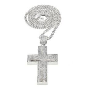 Mens Hip Hop Pop Diamond Cross Pendant Full Drill dubbelkors 14k guld halsband