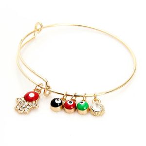 Korean Expandable wire bangle with hand of fatima Red Black Green evil eye charm stretch bracelets For women&ladies Fashion craft Jewelry