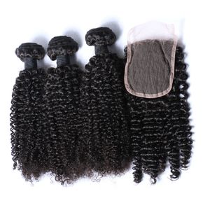 Afro kinky curl brasilianska hårbuntar med stängning Mänskligt hår vävar stängning 4x4 fri del naturlig färg 1b svart