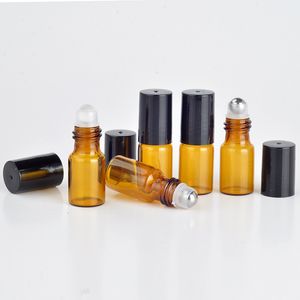 3ML Amber Refillable Roll On Bottle Glass Roller Ball Black Screw Cap For Essential Oil Lip Gloss Perfume Brown Roll-On Tube Travel Size