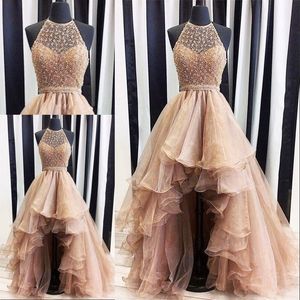 2019 High Low Gold Evening Dresses Real Photo Weddings Gowns Halter Beaded Puffy Formal Beach Special Occasion Party Dress Custom Made