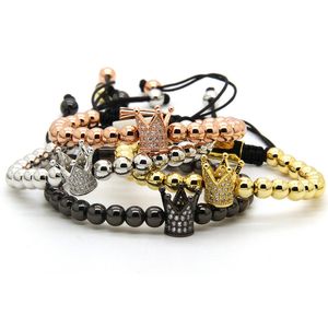 Clear Cz Crown Braided Charm Men Bracelet Wholesale 6mm Top Quality Brass Beads Party Gift Jewelry