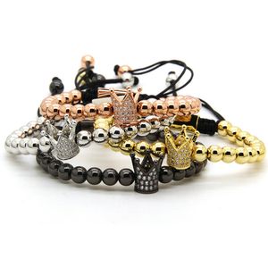 Clear Cz Crown Braided Charm Men Bracciale Commercio all'ingrosso 6mm Perline in ottone di alta qualità Gioielli regalo per feste