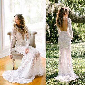 Sleeve Arabic Long Sheath Dresses Pearls Backless Full Lace Sheer Plunging Neckline Bridal Gowns Custom Made Plus Size Wedding Dress