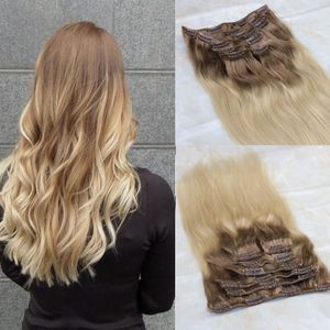 Clip-in-Haarverlängerungen aus brasilianischem Echthaar, Ombre, mittelbraun, 6# bis 613# blond, 7 Stück, 120 Gramm