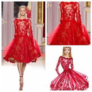 Wholesale designers cocktail dresses resale online - Zuhair Murad Lace Cocktail Dresses Designer Short Red Long Sleeves Sheer Beads Knee Length Party Homecoming Dresses For Girls