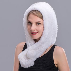 Cappello di pelliccia di coniglio Rex lavorato a maglia Vera pelliccia di coniglio Rex Sciarpa con cappuccio Moda Donna Sciarpa Cappello invernale con pompon Sciarpa Cap Donna