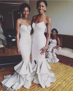 Sexy Silver Mermaid Bridesmaid Dresses Sweetheart Satin Ruched Ruffles Long Prom Party Gowns Plus Size Country Maid of Honor Gown Cheap