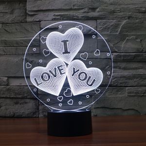 7 Cambio de color 3D visión abstracta increíble ilusión óptica Three-Heart I LOVE YOU efecto 3D teclas táctiles decoración del hogar LED Lámpara de mesa Noche