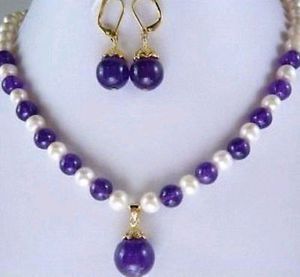 Workers Pretty!7-8MM White Pearl and Amethyst Necklace Earring 18"