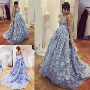 Dusty Blue Sweetheart Prom Dresses Sexy Bodice Odsłonięte Koronkowe Aplikacje Suknie Wieczorowe Z Big Bowless Sweep Pociąg Sukienka Arabska