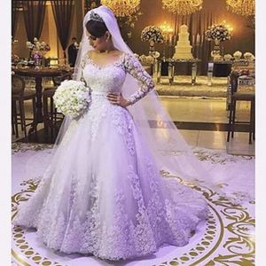 Ball Gown Sheer Long Sleeve Wedding Dresses Lace Applique Beaded V-neck Bridal Gowns Chapel Train Vestido De Casamento Actual Image