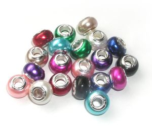 Brand New 100pcs Mix Colors ABS faux pearl 925 stering core big hole loose beads fit European pandora jewelry Diy bracelet charms