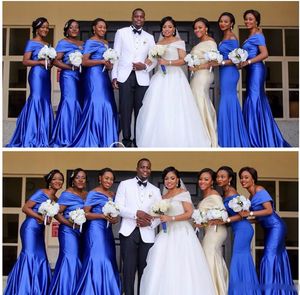 Afrykańska Mermaid Royal Blue Druhna Dress 2018 Zroszony Długość Piętro Party Wedding Dresses Evening Vestido de Madrinhas