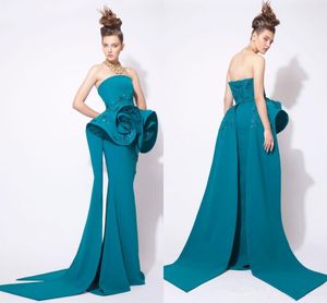 Azzi And Osta Teal hunter Prom Dresses Arabic Middle Eastern Evening Gowns Strapless Bateau Sequin Beaded Formal Dress Wear