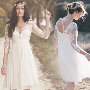 Lace Knee Length Beach Wedding Dress With V-Neck 3/4 Sleeve Ruffles Empire Backless Chiffon Summer Short Bridal Gowns Fashion