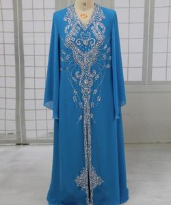 Jasny niebieski z długim rękawem matka panny młodej sukienki z koralików kryształ muzułmanów suknia wieczorowa V Neck Szyfonowy zamek błyskawiczny Formalna suknia wieczorowa z podziałem