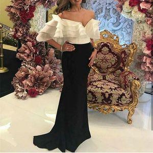 Wholesale black prom gown resale online - 2017 Sheath Evening Dresses with Off Shoulder Sleeveless White and Black Sweep Train Organza Tiered Ruffles Cheap Party Prom Gowns