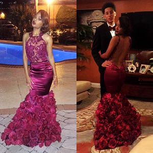 Sexy See Through Backless Prom Dresses African Style Dark Red Handmade Flowers Sequins Appliques Mermaid Evening Gowns Hot Cocktail Dress