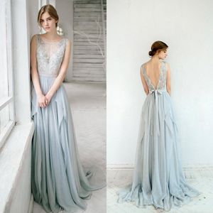 Charming 2016 Dusty Blue Chiffon Backless Bridesmaid Dresses Long Cheap Jewel Lace Beaded Sash Long Maid Of Honor Gowns Custom Made EN111511