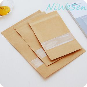 Free shipping 10X15+3cm 100pcs X Brown Standing kraft paper Ziplock with transparency window-reclosable flower tea storage pouch, sugar sack