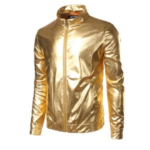Wholesale- Nightclub Trend Metallic Gold Shiny Jacket Men Veste Homme Fashion Brand Front-Zip Lightweight Baseball Bomber Jacket B2326