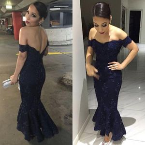 Navy Blue Lace Mermaid Evening Dresses Off Shoulder Short Sleeves Ankle Length Backless Cocktail Party Dresses Women Prom Dresses