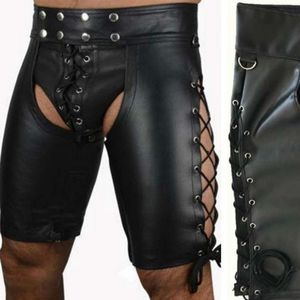 Wholesale- 2017 Black Sexy Tight Skinny Men's Leather Shorts Buttons And Bandage Details Front Faux Leather Short Pants Men's Casual Shorts