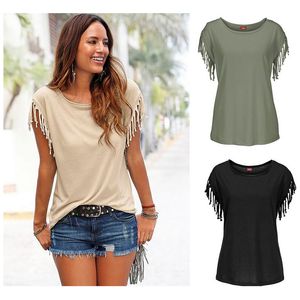 Partihandel-Nya Kvinnor Short Sleeve Shirt Sommar bomull Tassel Kortärmad Tee Shirt Casual Svart T-shirts Kvinnor O-Neck Plus Storlek