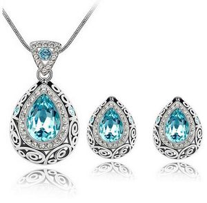 Top Quality Design Vintage Prata Banhado Colorido Austríaco Cristal Pedra Colar Brincos Jóias Conjunto para Mulheres Casamento Nupcial Jóias Conjunto