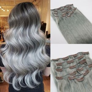 Mänskliga hårförlängningar Grå Brasilianska Virgin Hair Extensions Clip i Silver Grå Bästsäljare DHL Snabb leverans