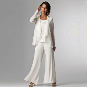 Branco Chiffon Mãe Da Noiva Pant Ternos Bateau Pescoço Rendas Convidado Do Casamento Vestido Com Mangas Compridas Casaco Mães Dos Vestidos Do Noivo