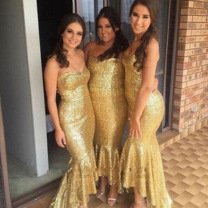 Blittering Golden Sequins Bridesmaids Платья Стильная возлюбленная Рукавочная Лодыжка Длина Русалки Birdesmaid Платья Сексуальное Свадьба Гостевое платье