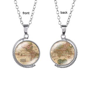 World Map Earth Time Gem Necklace Double-sided Glass Cabochono Rotatable Pendant Necklaces Chain Women Children Fashion Jewelry Will and Sandy