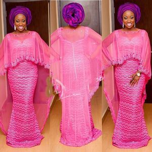 Hot Pink Plus Size Mermaid Prom Klänningar Aso Ebi Style Beading Aftonklänningar med Tulle Sheer Jacket Wrap South African Women Formal Wear