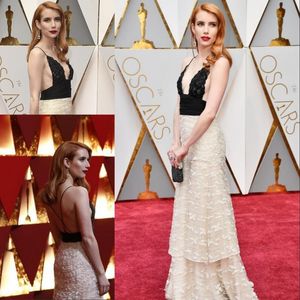 Lace Applique Oscar Awards Gold Evening Dresses Backless Prom Gowns Deep V Neck Red Carpet Dress