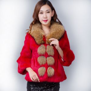 New Fashion Women's Real Raccoon Fur Collar Candy Color Nineth Sleeve Natural Kanin Fur Short Coat Casacos Plus Storlek 4XL