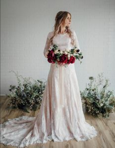 Różowa Syrenka Koronki Skromne Suknie Ślubne Z Długim Rękawami Klejnot Neck Czeski Bridal Suknie Custom Made Country Style