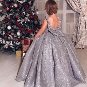 Sparkly Silver Flower Girls Dresses Luxury Sequined Ball Gown Puffy Girls Pageant Dress Custom Made Lovely Kids Formal Wear Birthd250j