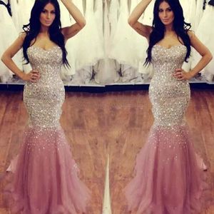 2017 Sweetheart Kryształ Zroszony Cekiny Suknie Wieczorowe Luksusowe Mermaid Tulle Satyna Długość podłogi Plus Size Skóra Różowa Prom Dresses Pagewant Suknia