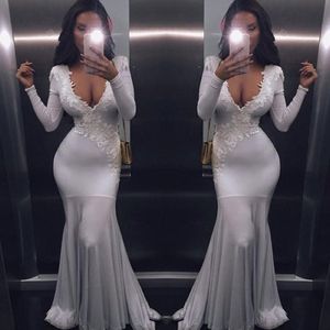 Charming White Deep V Neck Prom Dresses Lace Appliques Long Sleeve Black Girl Evening Gowns Cocktail Party Dress African Robe De Soiree