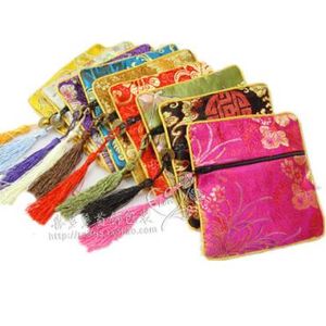 安くタッセルの小さなジッパーバッグコイン財布旅行ジュエリーブレスレットバングル収納袋中国のシルクブロケード布包装ポケット10ピース/ロット