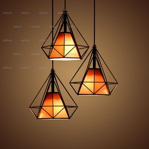 Willllursurrustright Diamond Shape Lamp rogrought鉄ペンダントライトメタルフレームファブリックチェーンぶら下げ照明ダイニングルームバーCafe Restaurant Hotel