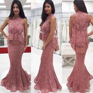 Empoeirado Rosa Lace Sereia Vestidos de Baile 2018 Alto Pescoço Sem Mangas Top Duas Camadas Vestidos de Noite Sheer Voltar Partido Formal Vestidos