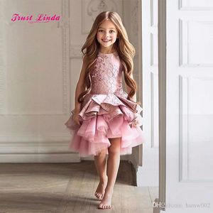 Dark Pink Tulle Cute Sleeveless Lace Appliques Flowers Girl Dress Satin Lace Tiered Christmas Pageant Evening Prom Gowns